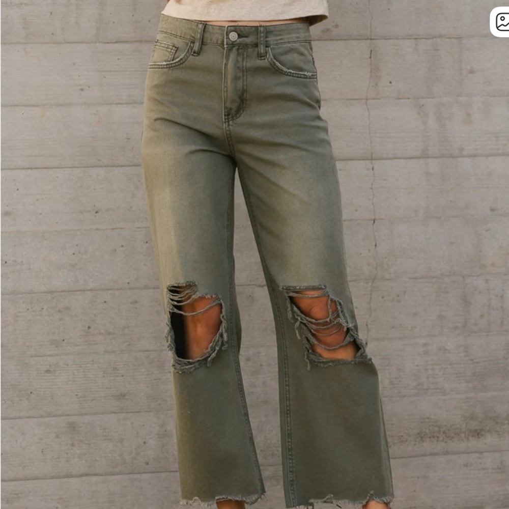 bohme Olive Distressed Cropped Wide-Leg Jeans